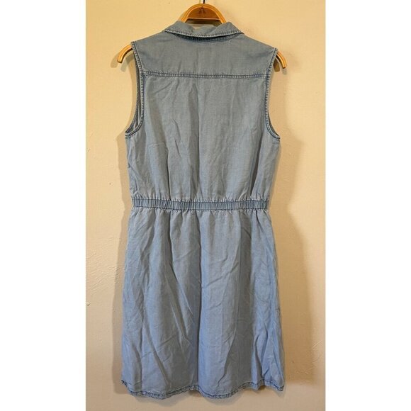 Izod Lyocell Chambray Denim Sleeveless V-Neck Dress Tie Waist Womens Large - Picture 7 of 9